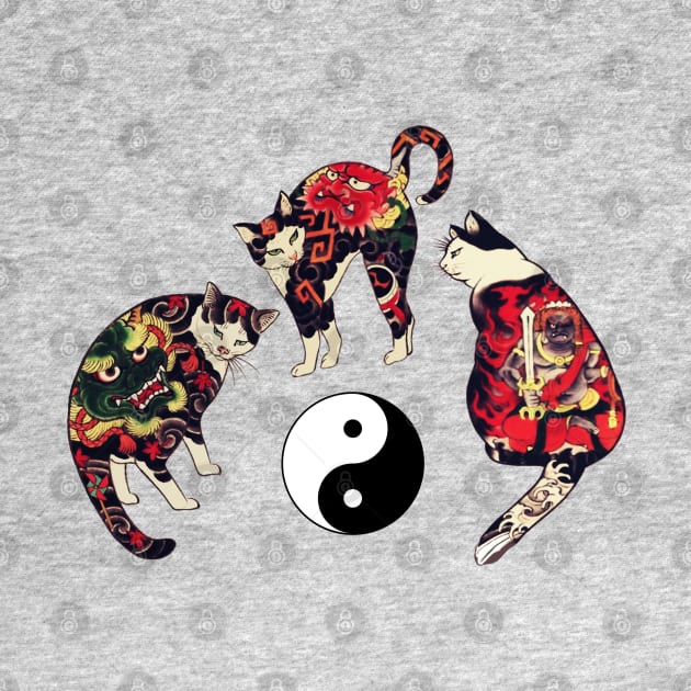 THREE JAPANESE CATS WITH  DRAGON,RED DEVIL TATTOOS AND YIN YANG SYMBOL by BulganLumini